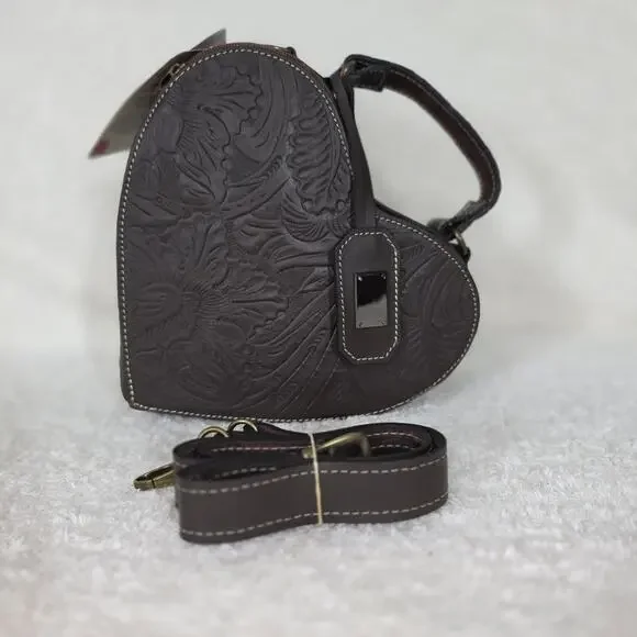 Handcrafted Mexican Tooled Brown Leather Heart-Shaped Crossbody Bag